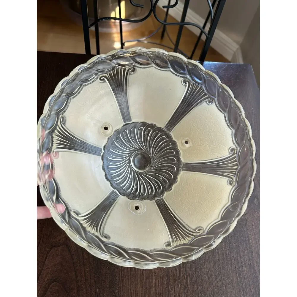 Vintage Art Deco Ceiling Clear & Creme Ornate Blown Glass Shade